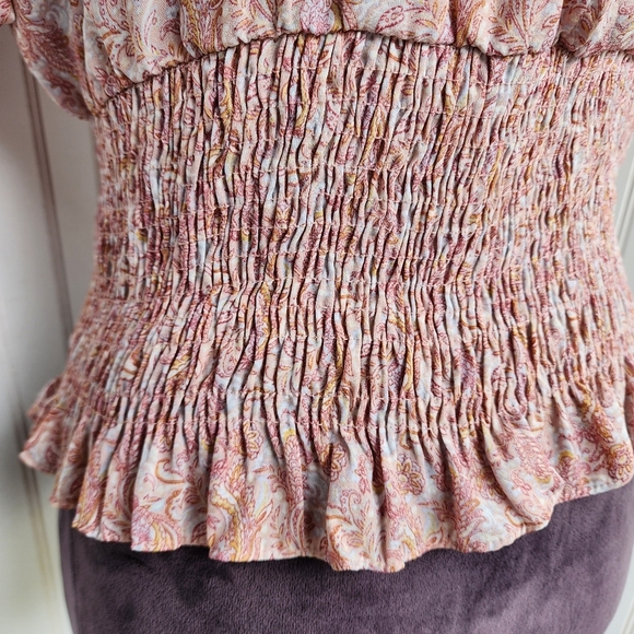 Paper Crane Puff Sleeve Smocked Top V Neck Pink Rose Summer Floral Rayon Sz L - Picture 4 of 11